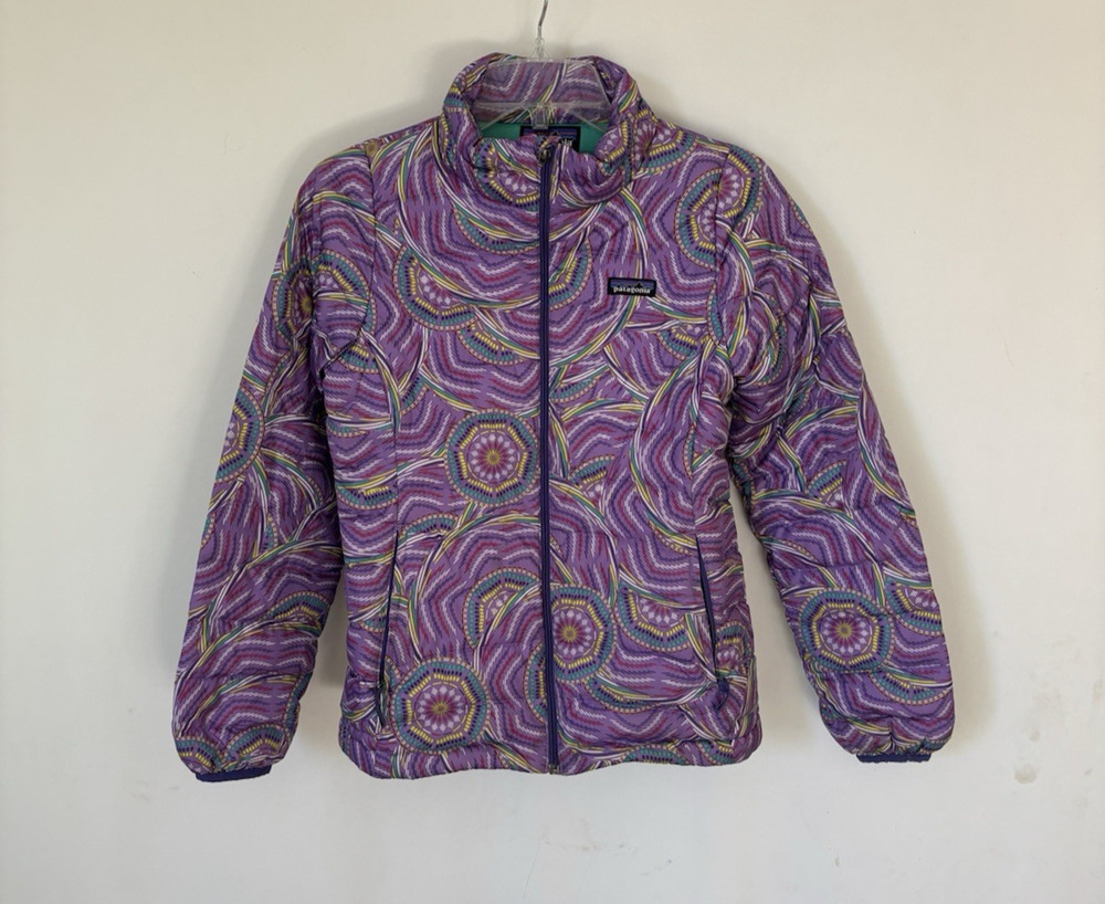 Patagonia Puffer Jacket Coat Girls 12 Y Purple Floral Zip Pockets